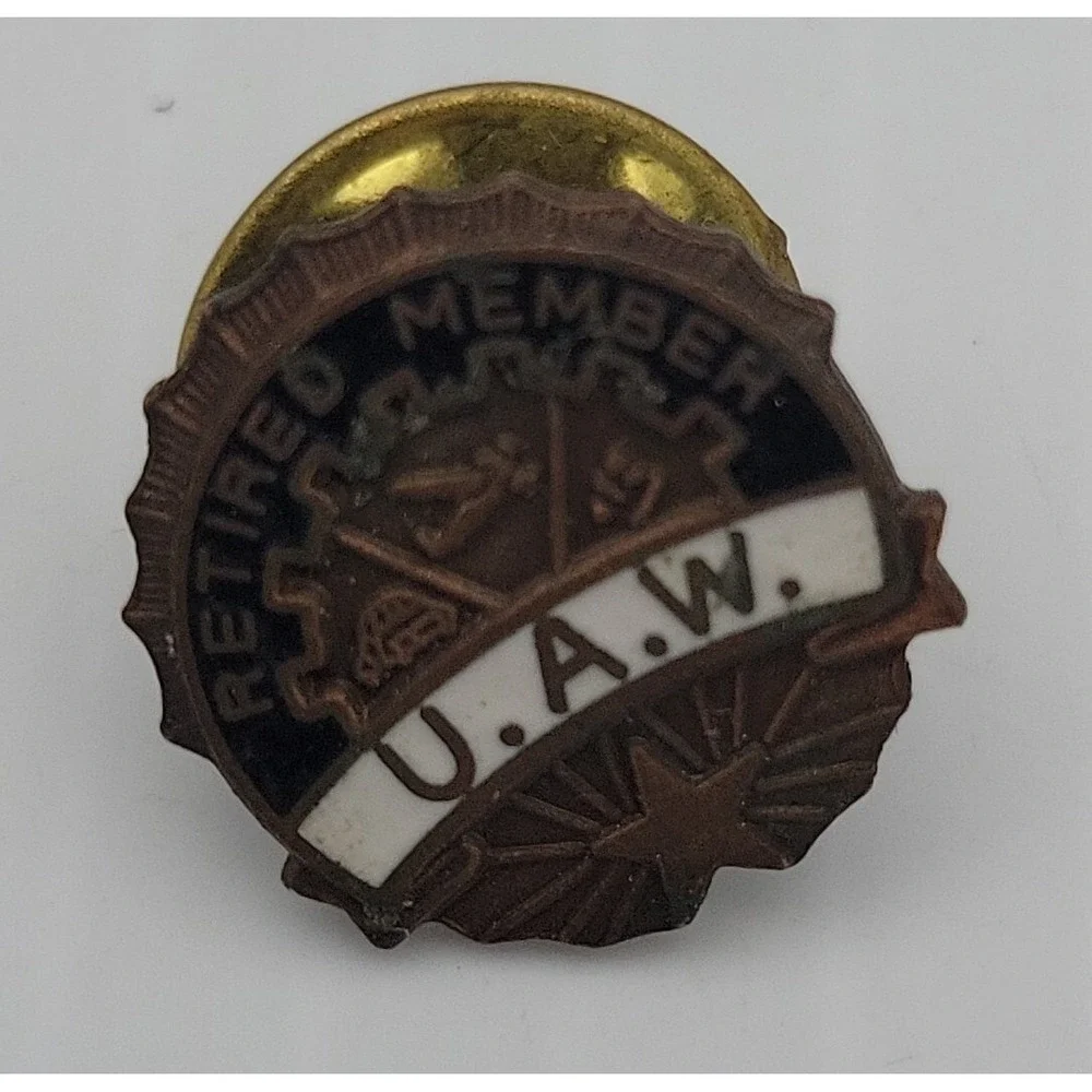 U.A.W.‎ Retired Member Pin Blue White & Etched Gold Tone